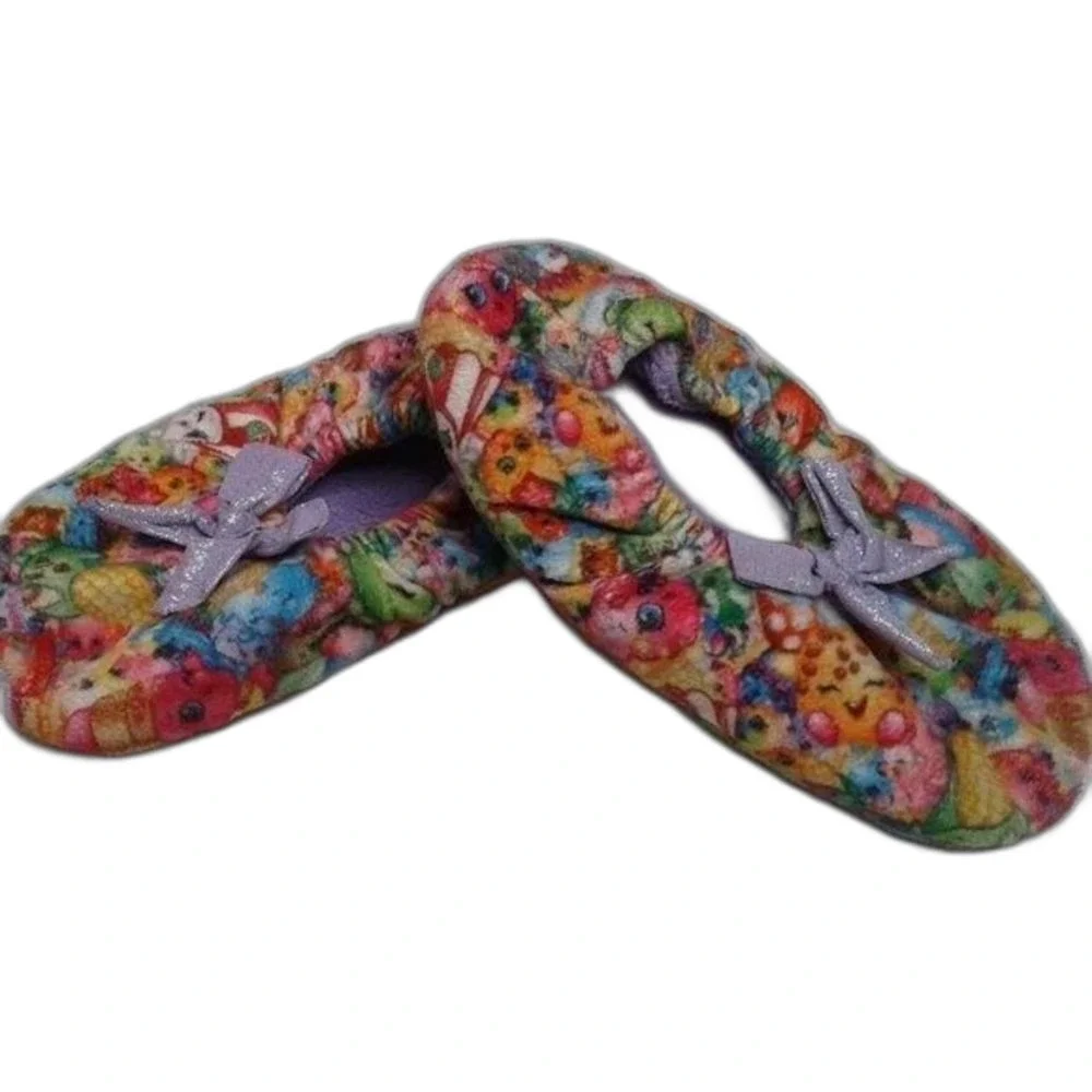 Shopkins Girls Fleece Slippers Non-Slip Grippers Purple Pink Glitter Size S/M